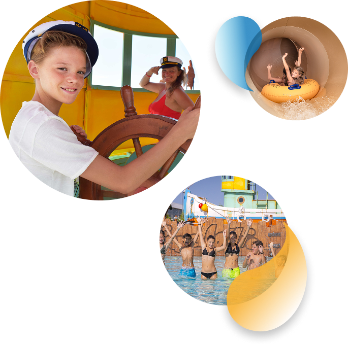 un bambino guida la barca di Fufi, un'altra scivola e degli amici sorridono entusiasti alzando le braccia in piscina.