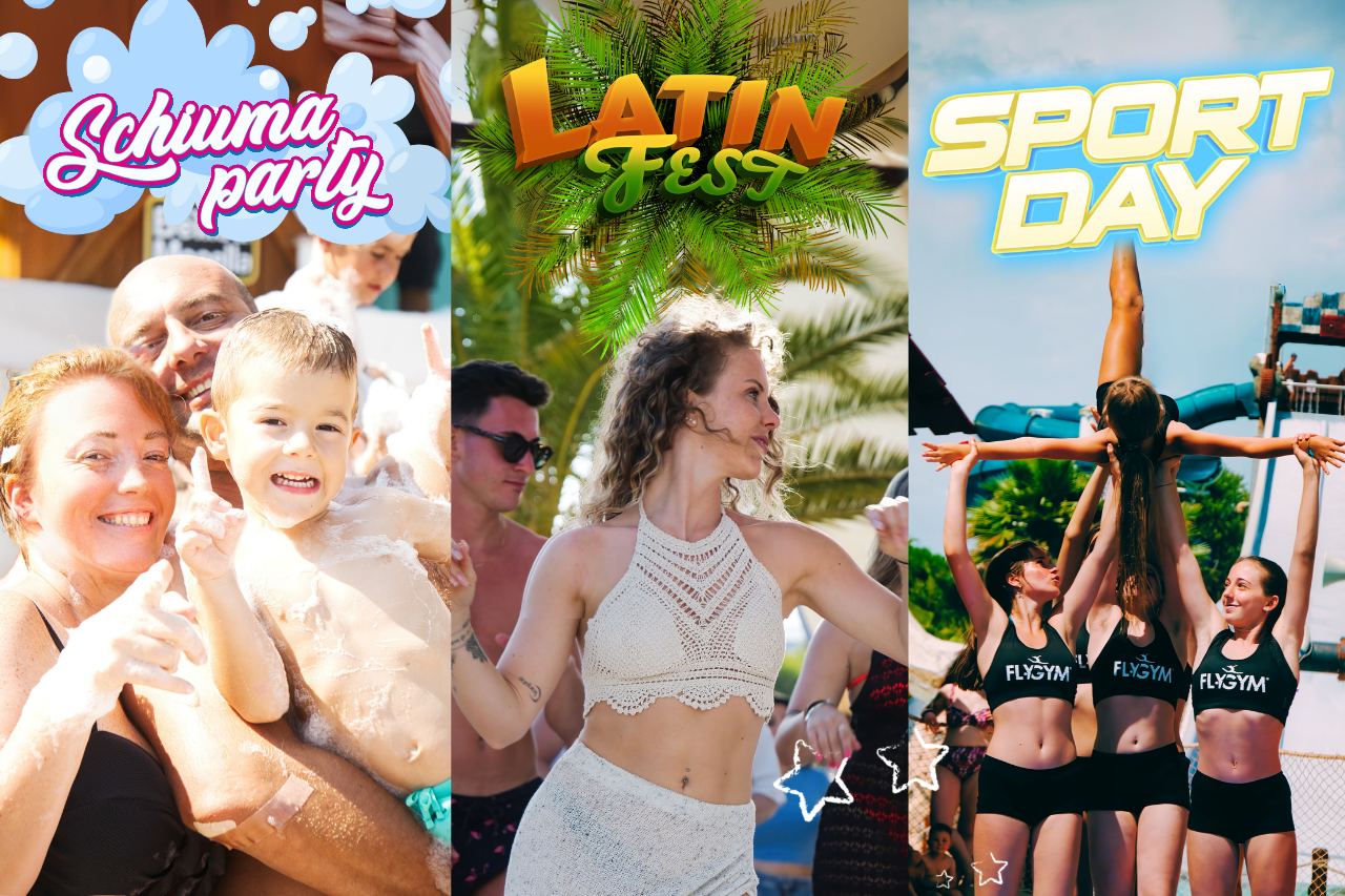 Locandine degli eventi di giugno ad Aquafollie, il parco acquatico tematizzato di Caorle. Gli eventi sono adatti anche a bambini e famiglie.